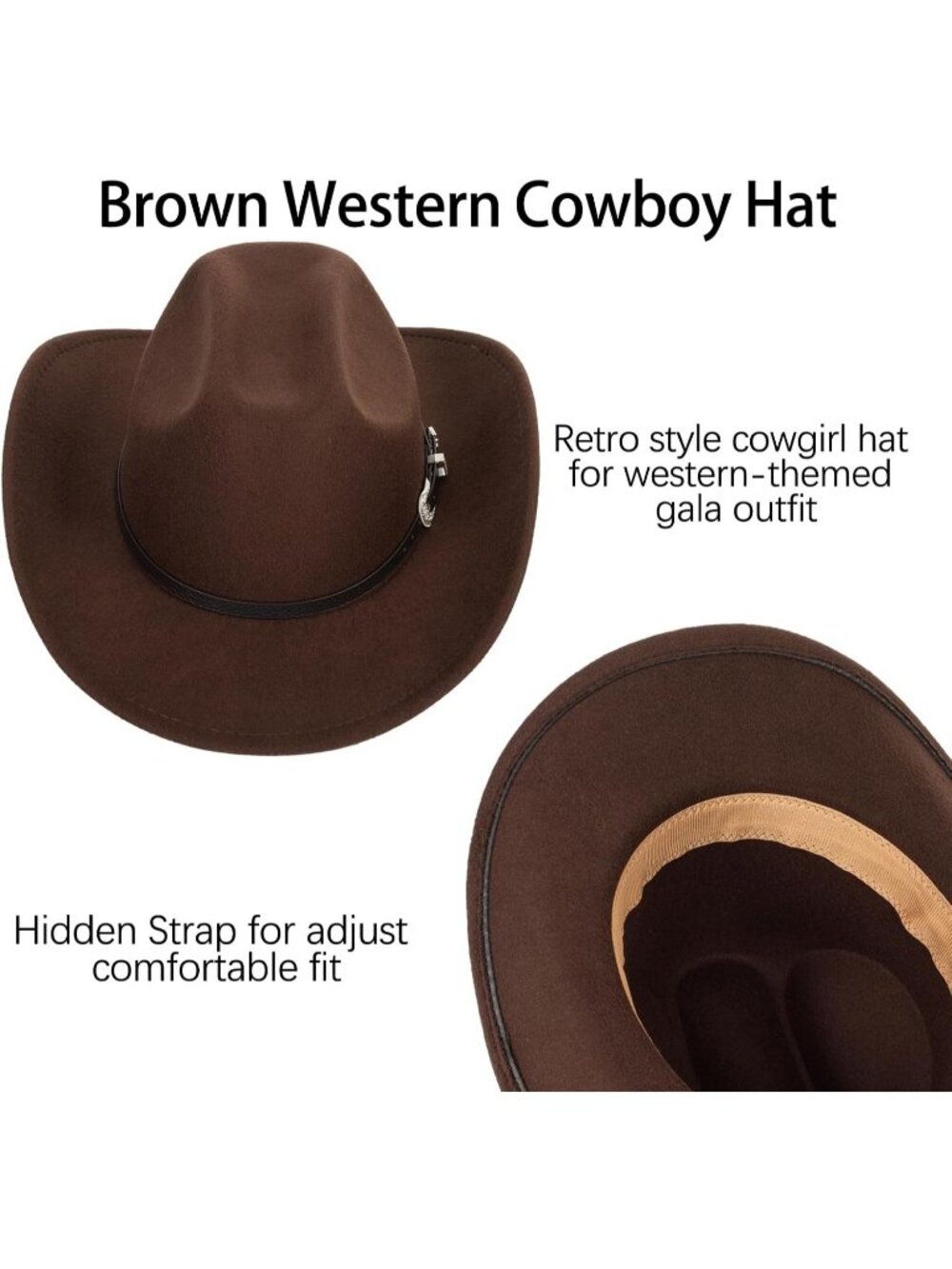 Unisex Brown 1 Western Cowboy Hat Classic Roll Up Fedora Hat with Buckle Belt - Picture 4 of 7